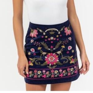 Navy blue corduroy floral embroidered mini skirt with pink accents, size large